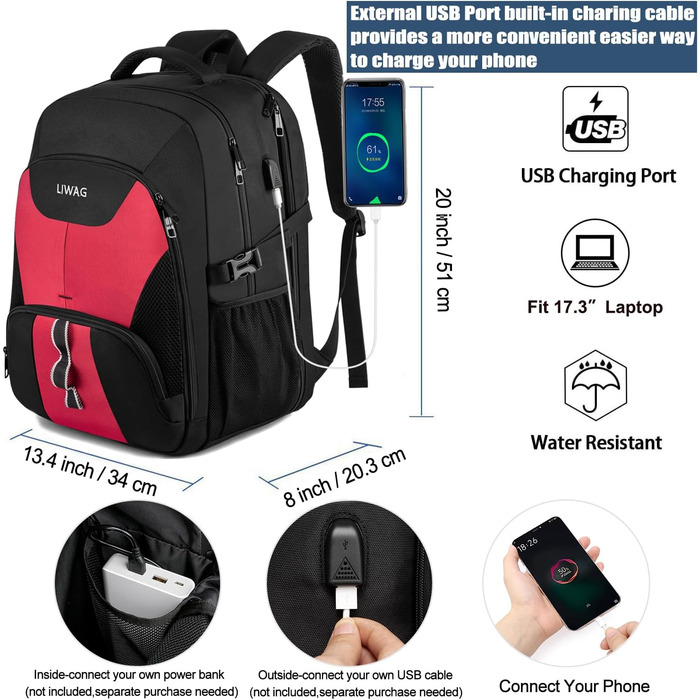 Жіночий рюкзак LIWAG 50L, водонепроникний, для ноутбука 17 дюймів, з USB, антикрадійний, для роботи, подорожей, школи