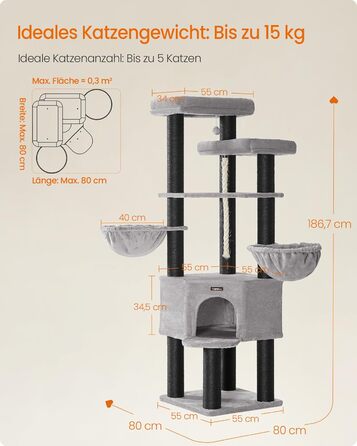 Дерево для котів Feandrea, багатоярусне, XXL, 55 x 186.7 x 55 см, товщина сизалю 11 см, для великих котів (наприклад, Мейн-кун), сіро-чорний колір, артикул PCT008G02