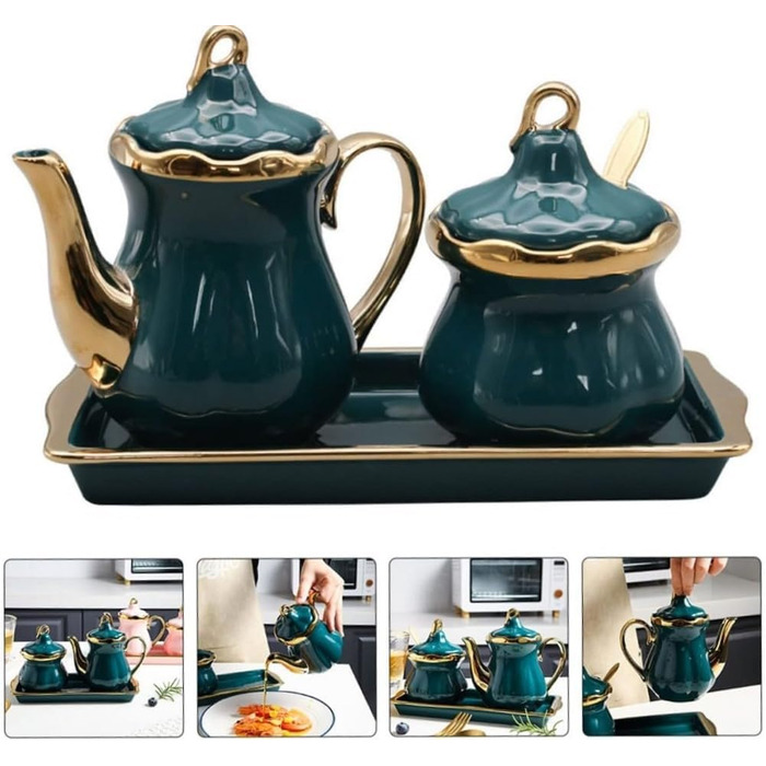 MAGICVOGEL Ceramic Milk Pitcher and Sugar Bowl Set, Sugar Container, Milk Jug with Tray, Spice Jar with Lid and Spoon, Creamer, Coffee Service Set for Home, Cafe, Bar (Green)