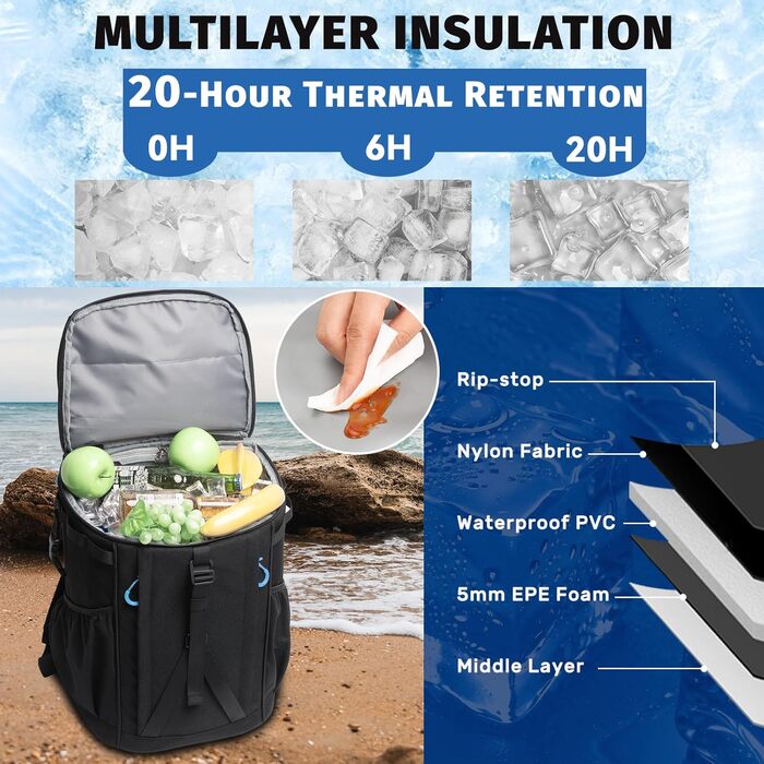 Рюкзак-холодильник HP Hope 35L, водонепроникний, ізольований, для пікніків, кемпінгу, пляжу, подорожей (Чорно-синій)