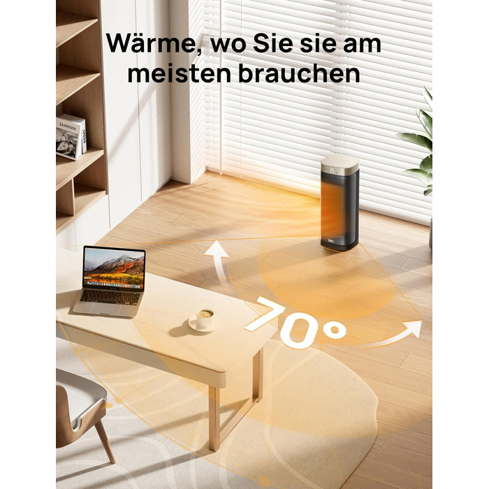 Електричний обігрівач DREO Solaris Slim H2, 2000W, керамічний, з термостатом, таймером, осциляцією, захистом від перегріву та нахилу, золотий