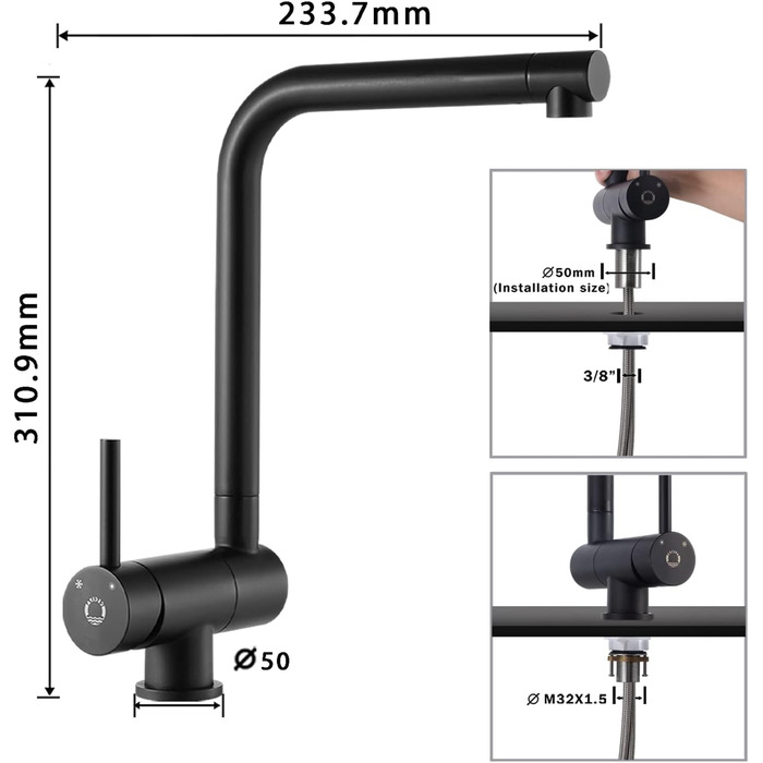 Кухонний змішувач CECIPA Vorfenster чорного матового кольору, високого тиску, з нержавіючої сталі, з гнучким виливом, поворотний на 360°