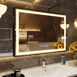 Дзеркало для ванної кімнати YU YUSING з підсвічуванням 60x80 см, антизапар, 3 кольори світла, регулювання яскравості, LED-дзеркало з годинником, IP44, вертикальне, срібло (чорний металевий каркас, 70x50 см)