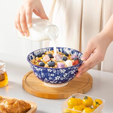 Набір мюслі-тарілок Vancasso Selene (6 шт.) з порцеляни, 720 мл – блакитно-білі керамічні тарілки для мюслі, салату, супу, рамену, фруктів та десерту