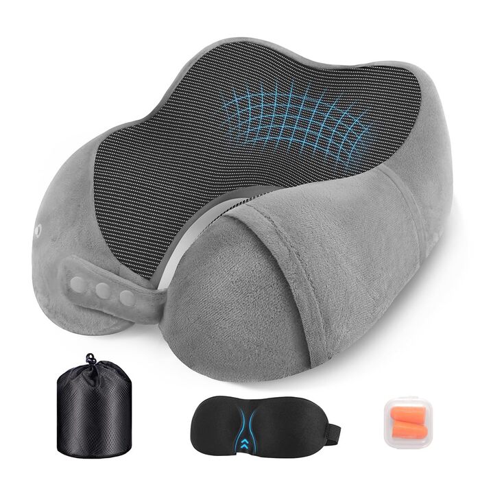 Подушка для шиї в літак та авто з ефектом пам'яті (Memory Foam), набір для подорожей: маска для сну, беруші та сумка, сіра