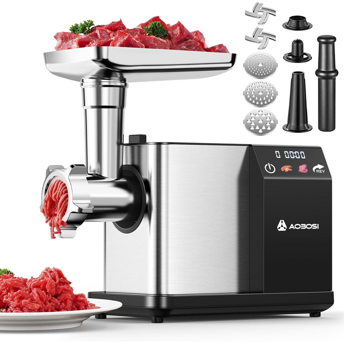 AAOBOSI Electric Meat Grinder - 3000W, LED Display, 3 Speeds, Anti-Clogging, Sausage Maker & Kibbeh Maker - Stainless Steel for Home Use