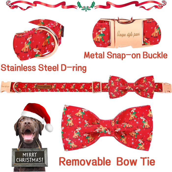 Нашийник для собак Unique Style з знімною метеликом, для маленьких, середніх та великих собак, регульований, XXS-XL (S (1 шт), Олень на Різдво)