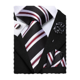 Набір краваток для чоловіків Hi-Tie: краватка, нагрудна хустинка, затискач, запонки, формальний шовк (чорний, білий, червоний, в смужку)