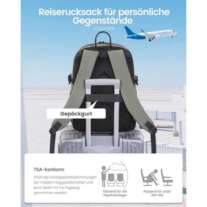 Рюкзак LOVEVOOK для ноутбука 15.6 дюймів (17.3 дюймів), водонепроникний, для жінок та чоловіків, на кожен день, для роботи, навчання, подорожей (сірий, зелений)