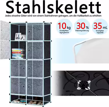 NAIZY Wardrobe Black DIY Plastic Shelf System Closet Organizer with Door, Plug-in Shelf System, Plastic Cabinet (16 Cubes, with 2 Clothes Rails) (8 Cubes, with Shoe Cabinet)