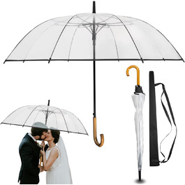 Logan & Barnes Transparent Wedding Umbrella with Real Wood Handle - 120cm Large Umbrella for 2 People - Cardiff XL Model - 120cm Transparent Umbrella with Black Trim