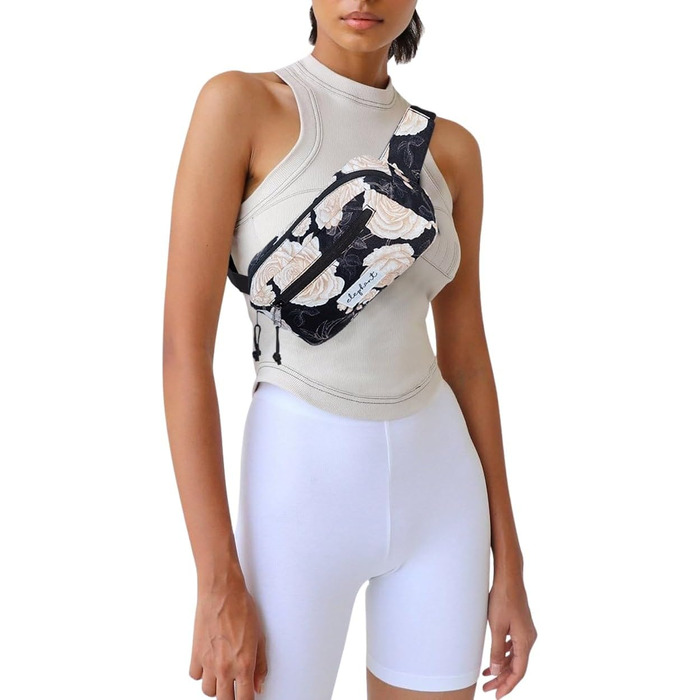 Сумка на пояс (фенні-пак) для жінок та чоловіків, велика, чорна з квітковим принтом, 13021