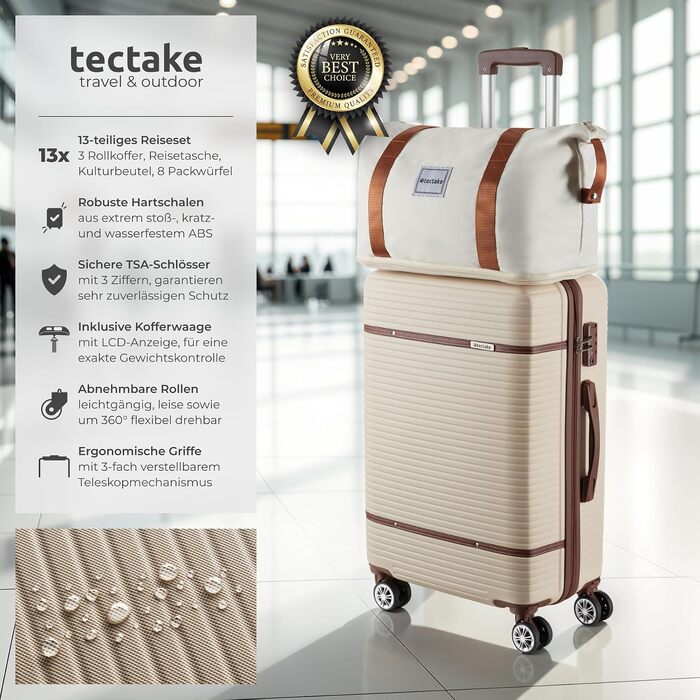 Набір валіз tectake® 13-TLG: 3 твердокорпусні валізи з колесами та дорожня сумка, замок TSA, колір крем
