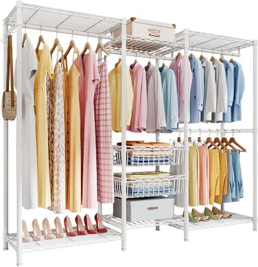Heavy-Duty Clothes Rack, Clothes Rod, Wardrobe, Freestanding Clothes Rail with Height-Adjustable Shelves and Storage Baskets, Load Capacity up to 320 kg, White