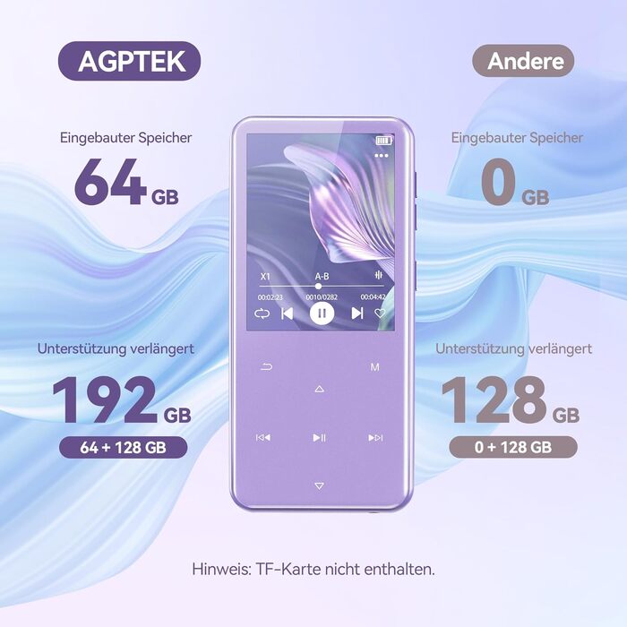 MP3 плеєр AGPTEK 64GB з Bluetooth 5.3, TFT-дисплеєм, FM-радіо та підтримкою до 128GB, фіолетовий