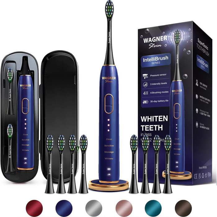 Електрична зубна щітка Wagner Stern IntelliBrush Series Whitening з датчиком тиску, 4 режими чищення, 3 інтенсивності, 8 насадок та дорожній футляр (Ozeanblau)