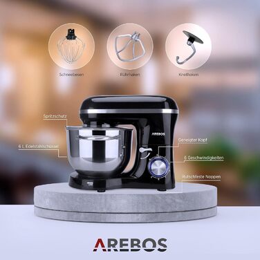 Arebos 1500W Stand Mixer with 6L Stainless Steel Bowl | Black | Includes Dough Hook, Whisk, Beater | Splash Guard | 6 Speed | Kitchen Mixer | Dough Machine