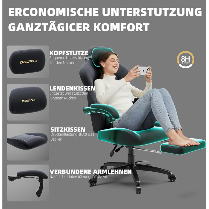 Ігровий крісло Dowinx з ергономічною підтримкою попереку, мікрофіброю велюром, товстим сидінням, висувною підніжкою, регульованими підлокітниками, нахилом 160°, сірий/темно-сірий колір