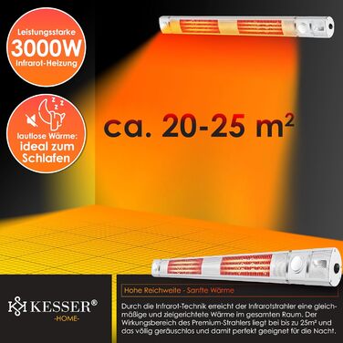 Інфрачервовий обігрівач KESSER® 3000W з LED-підсвічуванням, WiFi та пультом дистанційного керування. Підходить для тераси, кафе, бару. Обігрівач на стіну, кварцовий, з захисним чохлом.