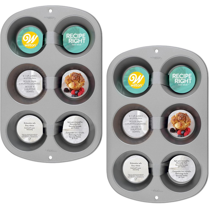 Wilton Jumbo Muffin Pan, Recipe Right, Non-Stick, Standard, 6 Cup, 2-Pack