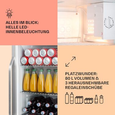 Klarstein Mini Fridge with Glass Door - 80L Compact Beverage Cooler with Adjustable Shelves & Wave Pattern Racks - Quiet Operation (Silver-White)