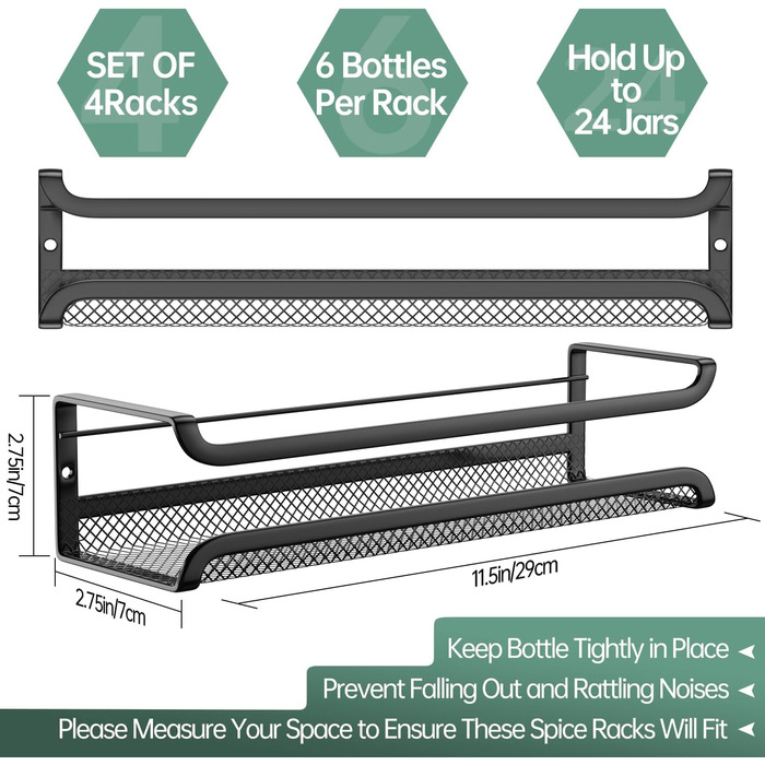 Настінна полиця для спецій, 4 шт. Організатор для спецій з рухомими гачками, полиця для спецій на кріпленнях (клей/шурупи), металева, для кухні та шафи