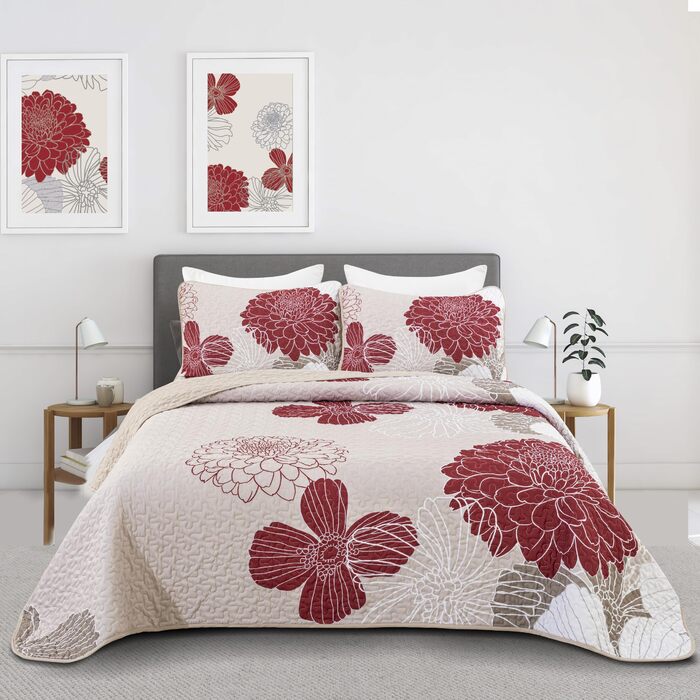 Tagesdecke WONGS BEDDING 220x240 см з квітами, бургунді. М'яка літня ковдра з мікрофібри для двоспального ліжка, комплект з 2 наволочками 48x75 см