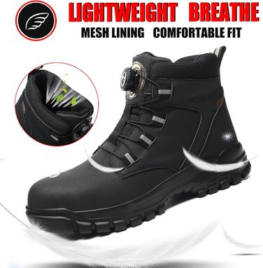 Черевики безпеки для чоловіків та жінок. Легкі, водонепроникні робочі черевики зі сталевим підноском. Чорні робочі черевики з антиковзкою підошвою. Розмір 43 EU