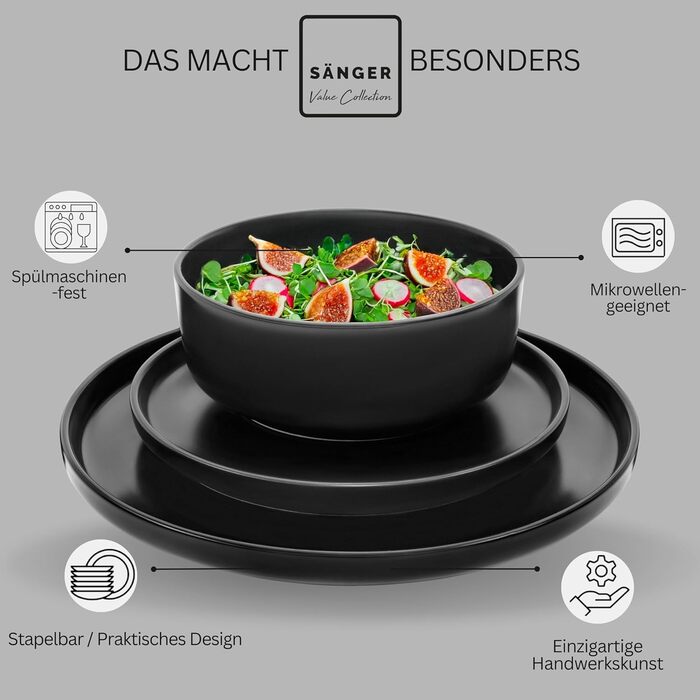 Набір посуду SÄNGER Madeira, 24 елементи, кераміка, для 6 осіб, чорний, VALUE COLLECTION