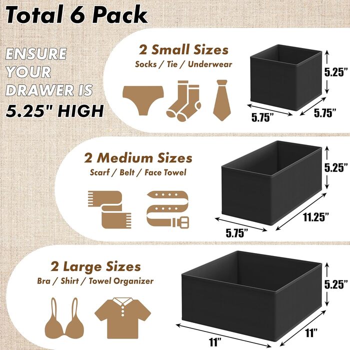 Simple Houseware Foldable Drawer Organizer for Clothes/Underwear/Panty/Jumpsuit, 12-Piece Set, (2L / 2M / 2S, Black)
