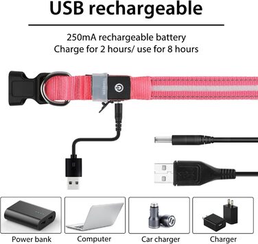 Світловідбиваючий нашийник для собак ASBRILL з LED підсвічуванням, водонепроникний, регульований, 3 режими освітлення, для маленьких, середніх та великих собак (XS, Рожевий)