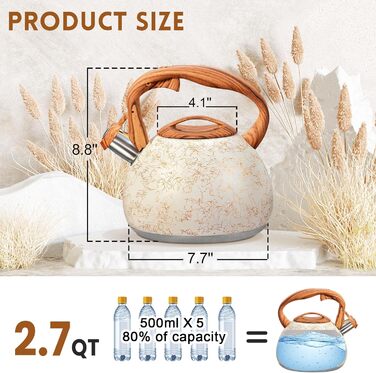 Чайник для плити GGC, 3.1 л / 3 л, з свистком, для води, кави, молока, градієнт сірого та чорного кольорів, з дерев'яною ручкою, з нержавіючої сталі, для дому (White Art Line)