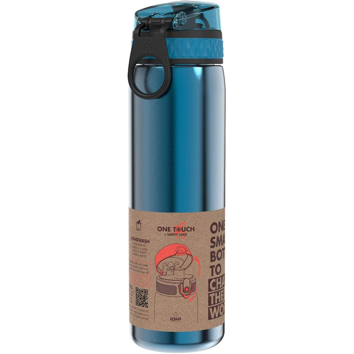 Ion8 Stainless Steel Water Bottle, 600 ml, Leak-Proof, One-Handed Opening, Secure Locking Mechanism, Dishwasher Safe, Flip-Top Lid, Carrying Handle, Easy to Clean, Durable & Scratch-Resistant