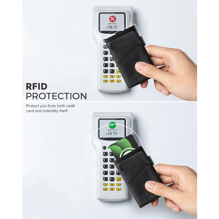 Чоловіче картхолдер VULKIT з металу та шкіри з автоматичним відкриванням, RFID/NFC захистом, slim дизайн, вміщує 5-9 карт (чорний)