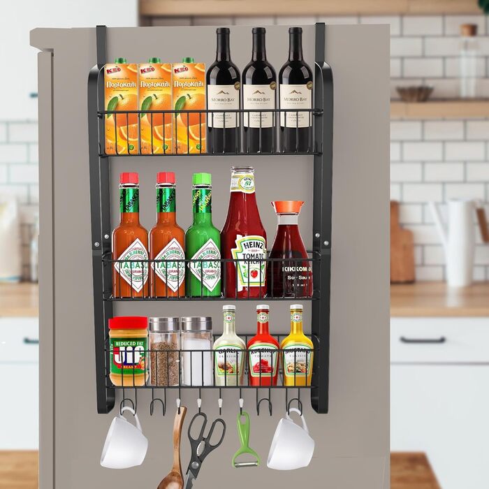 Carbon Steel Refrigerator Shelf, 3-Piece Spice Rack No Drilling, Hanging Shelf with 8 Hooks, Hanging Kitchen Shelf, Spice Organizer with Adhesive Strips