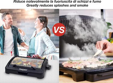 BEPER Electric Grill with Glass Lid - Non-Stick Coated Grill Plate, Stainless Steel, 2200W, Black