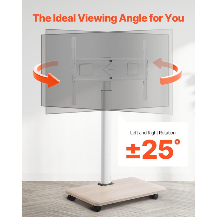 Підставка для телевізора VEVOR на колесах, телевізійна візок для телевізорів 81-178 см (812,8-1778 мм), до 45 кг, поворот 25° вліво/вправо, регульована по висоті, з полицею для кута спальні/вітальні (макс. 600 x 400 мм)