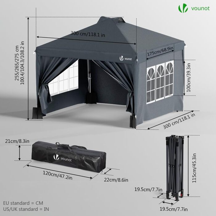 VOUNOT® 3x3m (approximately 10x10ft) Gazebo - Waterproof, Stable, Winter-Resistant, Pop-Up Folding Gazebo with 4 Side Walls and 3 Sandbags, Foldable Party Tent, Garden Tent, Garden Gazebo including Bag, Green (pop up gazebo grey)