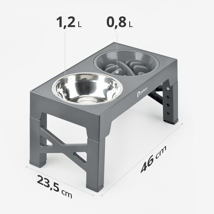 Elevated Dog Bowls Set - Stainless Steel & No-Drip Design - Adjustable Height, 2x 1.2L & 0.8L - Grey
