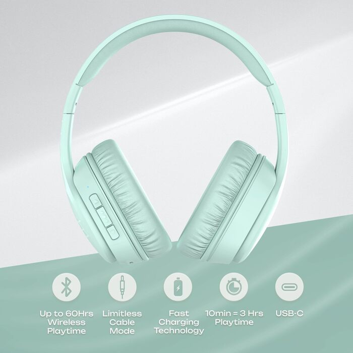 PowerLocus P7 Bluetooth навушники Over-Ear, складані, бездротові з басами, Hi-Fi стерео, з функцією гучного зв'язку, USB-C зарядка та тривалий час роботи для iPhone/PC/TV (М'ятний колір)