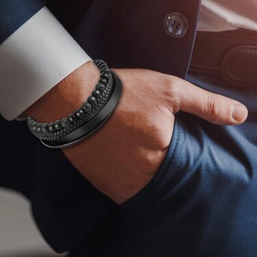 Чоловічий шкіряний браслет Lederarmband з магнітною застібкою з нержавіючої сталі, плетінка, 20.5 см, чорний + Подарункова коробка
