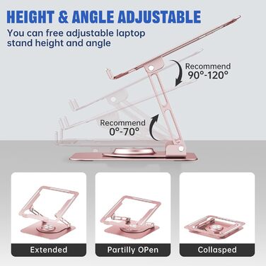 Adjustable Laptop Stand for Desk - 360° Rotating Base, Foldable & Portable - Fits 10-17 inch Laptops (Rose Gold)