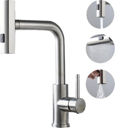 Змішувач для кухні BELZ з висувною лійкою, 3 режими, поворотний на 360°, нержавіюча сталь SUS304, матовий нікель
