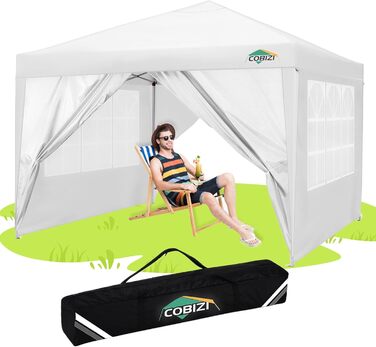 COBIZI Folding Gazebo 3x3 Waterproof Stable Pop Up Gazebo Folding 3x3 with 4 Sidewalls | Waterproof | UV Protection 50+ | Gazebo Party Tent for Garden Party Market Picnic | incl. Bag (White)