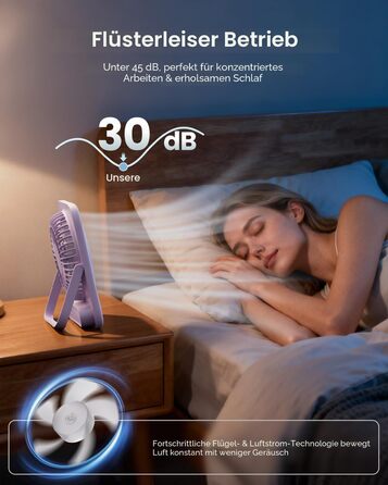 Портативний настільний вентилятор Otlonpe з акумулятором 4000mAh, безшумний USB вентилятор з LED-дисплеєм, 180° нахилом, до 23 годин роботи, для офісу та спальні (Фіолетовий)