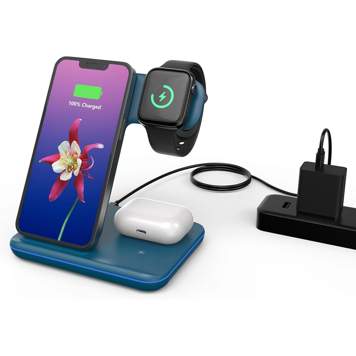 Бездротовий зарядний пристрій Minthouz 3-в-1 з адаптером 18W для Apple (iPhone, iWatch, AirPods), Qi сумісний, синій