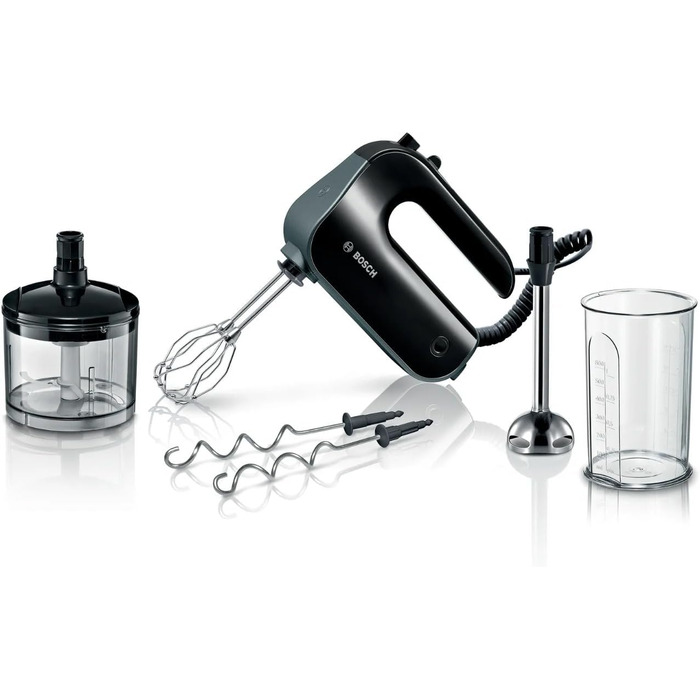 Bosch Hand Mixer Home Professional Styline MFQ4980B, 5 speeds, 2 stainless steel beaters and dough hooks, stainless steel mixing rod, universal chopper, 850 W, black/dark silver Single