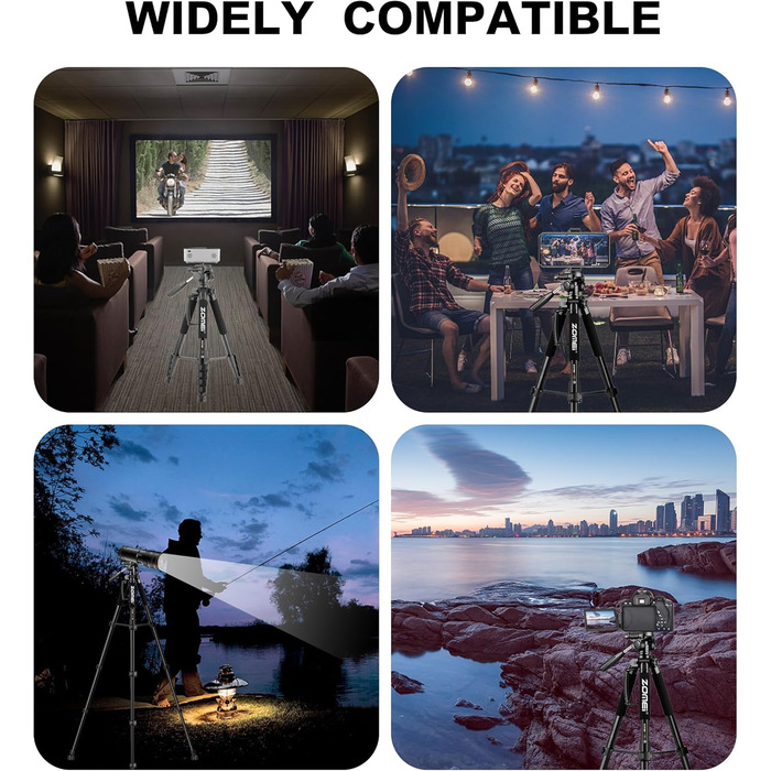 Штатив ZOMEi 188 см, професійний, для DSLR, камер, телефонів, проекторів, далекобійних приладів (чорний)