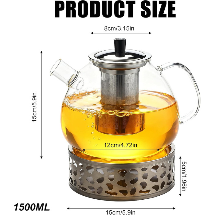 Скляний чайник з боросилікатного скла 1.5л з ситечком, підставкою для підігріву та кришкою — термостійкий чайник для листового, фруктового та пакетованого чаю, придатний для посудомийки