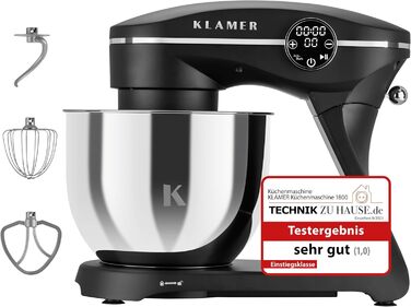 KLAMER 1800W Stand Mixer - Stainless Steel Bowl 6L, 10 Speed, Timer, Planetary Mixing, Dough Hook, Whisk & Beater - Black